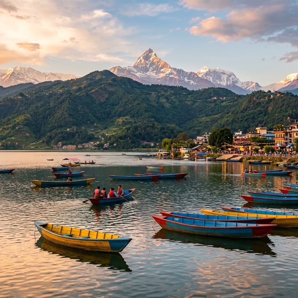 Beautiful scenery of Lakeside Pokhara showing mountains and lake